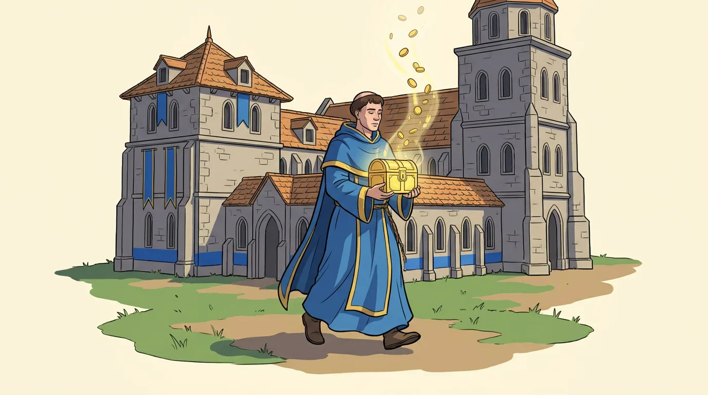 Un Monje llevando una reliquia al Monasterio: oro continuo que no se agota, prioridad máxima en la Edad de los Castillos.