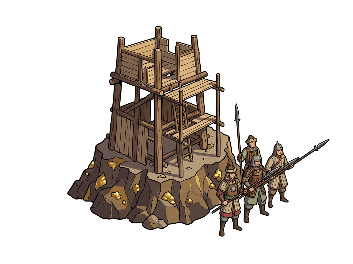 El mongol planta la torre donde más duele —tu oro— escoltada por piqueros.