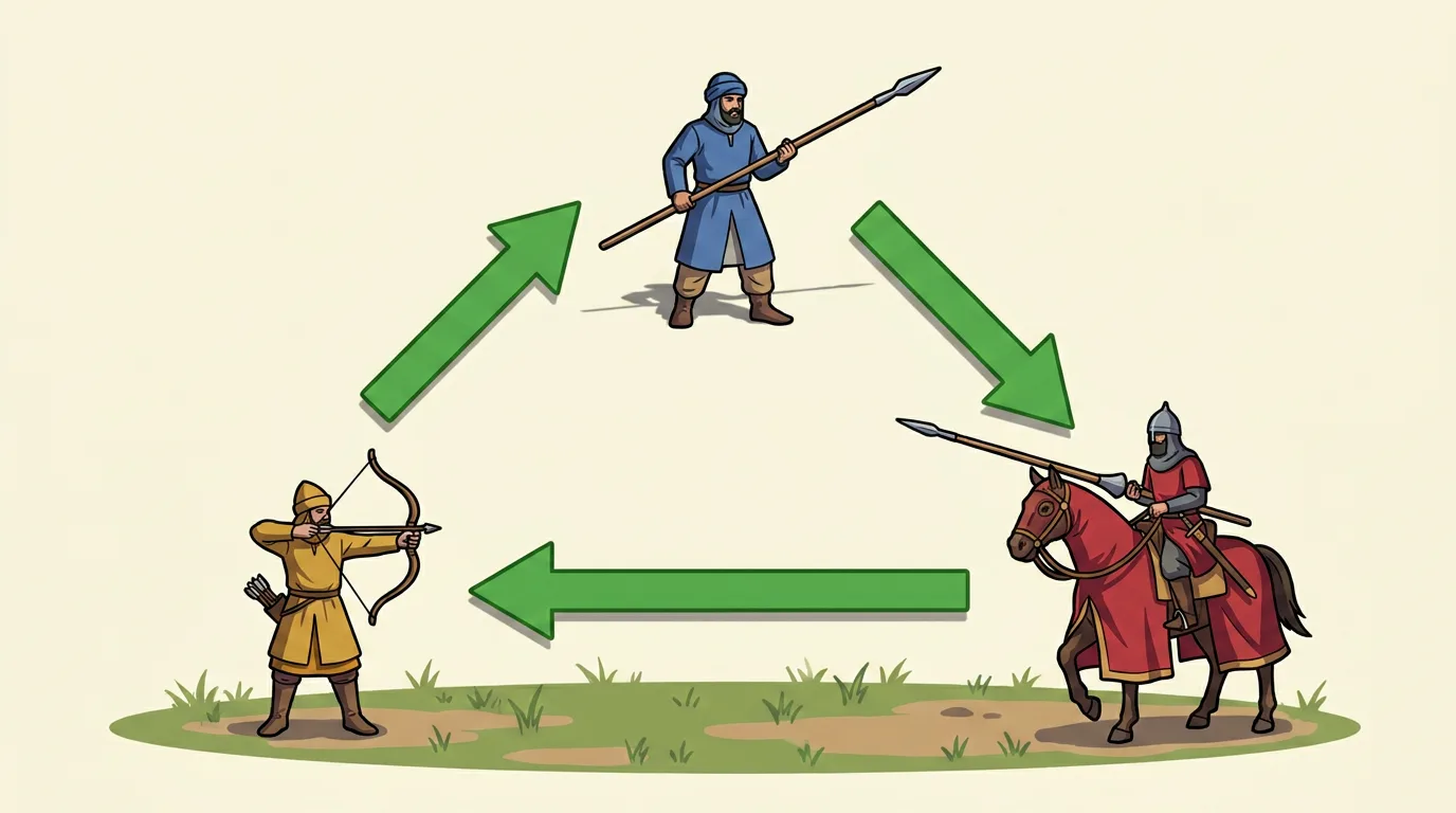 El triángulo de Edad Feudal: el lancero bate a la caballería, la caballería al arquero y el arquero al lancero.